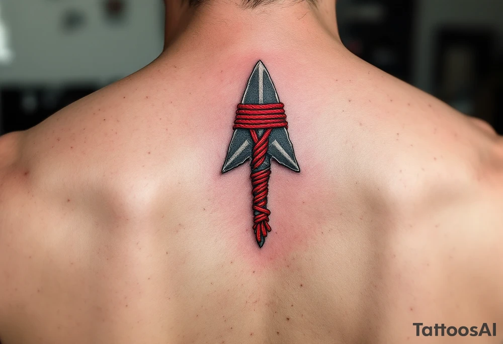 A hand-carved flint arrowhead in gray with red cord wrapping, symbolizing strength and survival tattoo idea