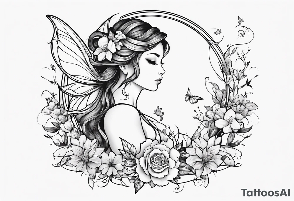 Flying Fairy with flowers tattoo idea