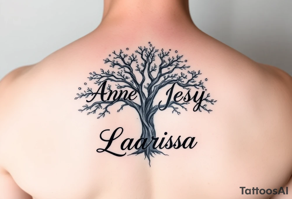 the name, Anne, Jessy
 on a live tree the name Larissa under the tree tattoo idea