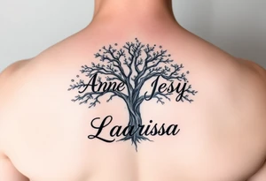 the name, Anne, Jessy
 on a live tree the name Larissa under the tree tattoo idea