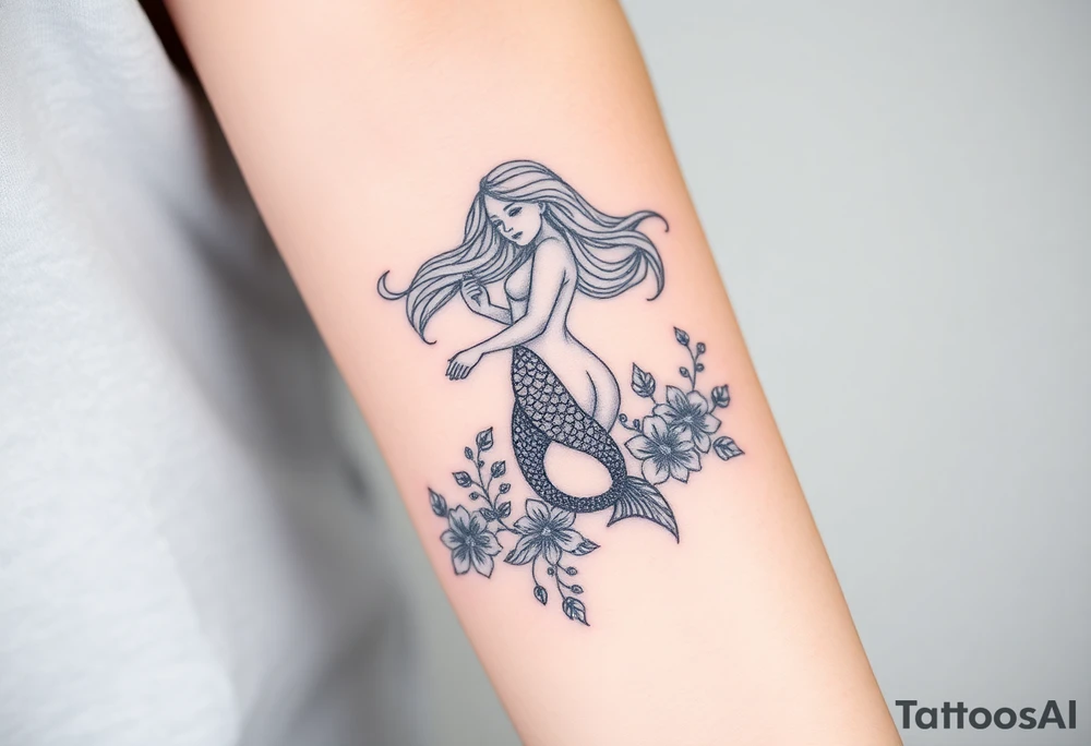 ethereal mermaid with flowing hair among coral and sea flowers tattoo idea