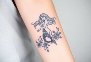ethereal mermaid with flowing hair among coral and sea flowers tattoo idea