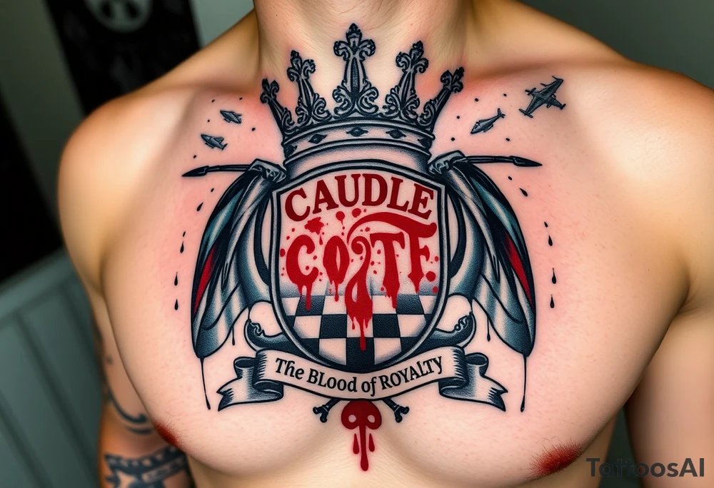 Men Doom Crest  with A Giant King Crown, CAUDLE written inside red, a chessboard, blood splatter on top of two  racing flags & OTF inside, The Words The Blood Of Royalty in red underneath the crest & 🌍 symbol in red outside of the crest, And raining blood drops, Jets/Airplanes/Helicopters/explosives flying above & Guns & Tanks & soldiers & knights plus ships tattoo idea