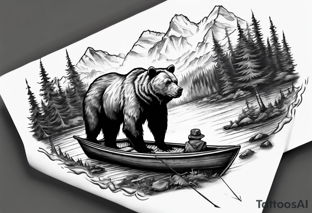 bear head right above the forest line with a lake below with a small fisher boat floating on it, full sleeve tattoo tattoo idea