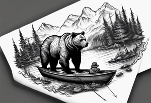 bear head right above the forest line with a lake below with a small fisher boat floating on it, full sleeve tattoo tattoo idea
