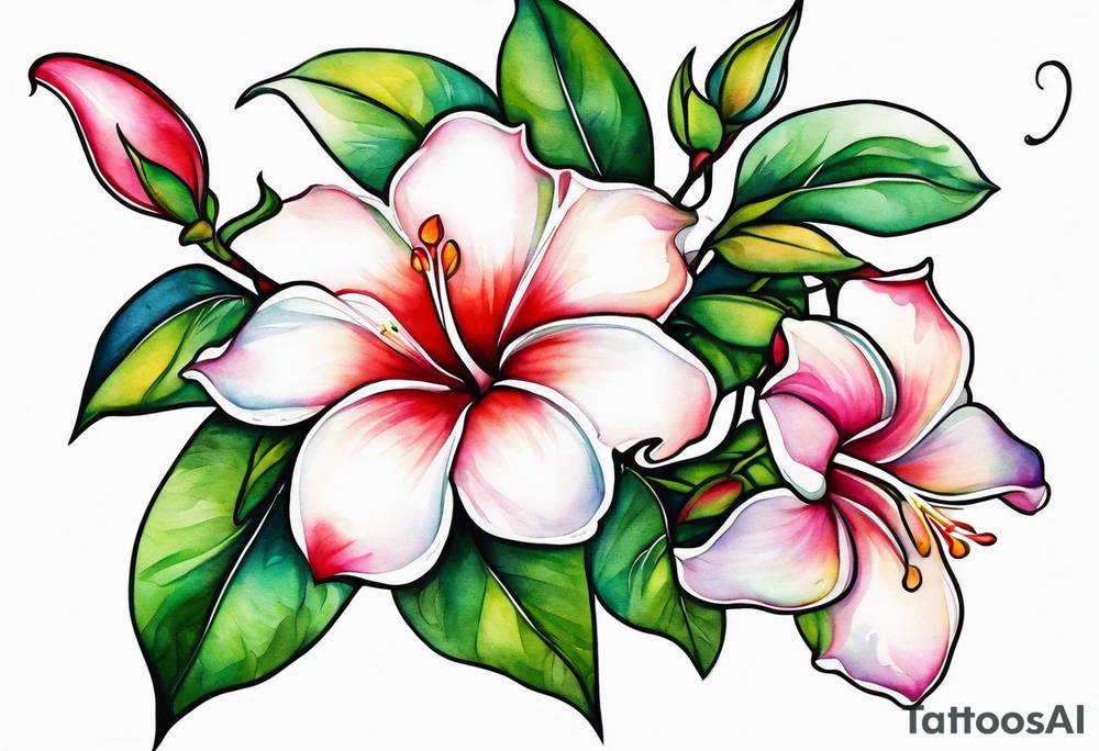 white background, abstract mandevilla flowers on a vine, part of it watercolor, part of it just line work tattoo idea