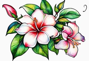 white background, abstract mandevilla flowers on a vine, part of it watercolor, part of it just line work tattoo idea