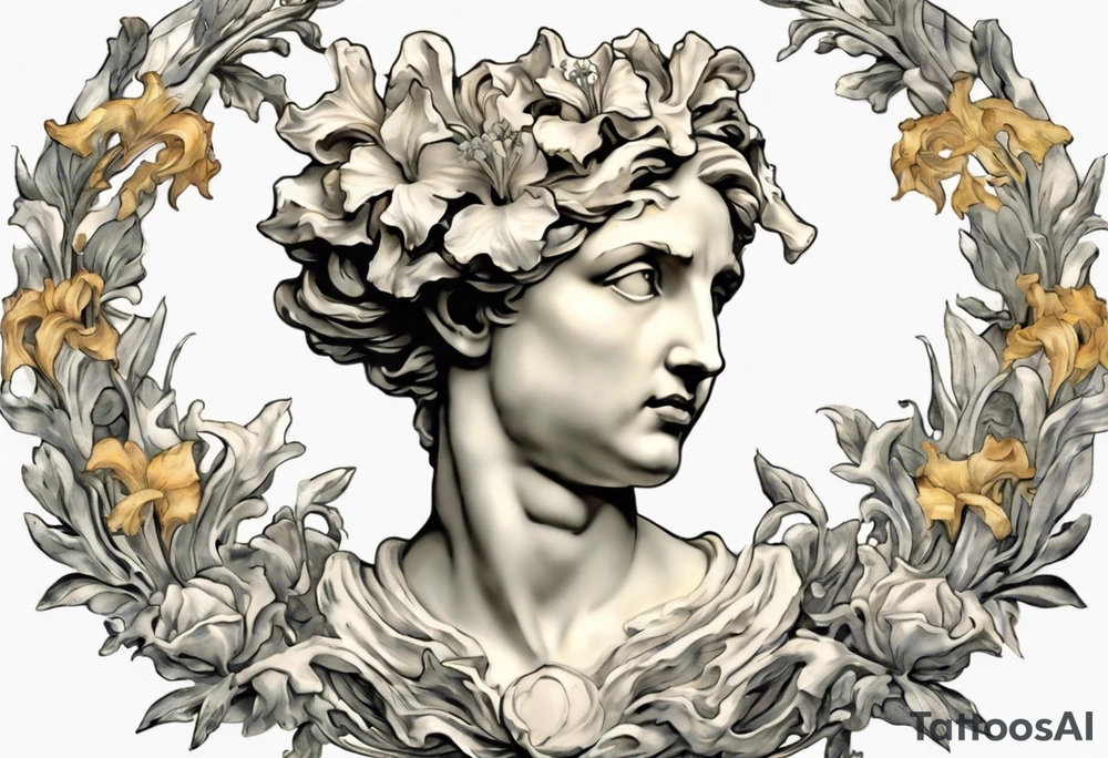 Create a colorful Vincent van Gogh Irises tattoo with an ancient Greek female statue in the middle in white marble. The tattoo should take the form of a crescent, with vines gracefully intertwining at a central point in the middle of the wreath.  The intended placement is on the upper chest. The overall design should be small in size while maintaining a delicate and artistic aesthetic. Pay attention to the graceful flow of the vines and the placement of the irises to achieve a refined and elegant look. tattoo idea