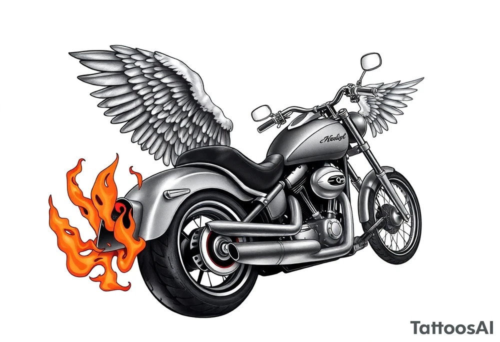 Low rider grey motorcycle, big muffler pipes with flames, angel wings, driving away, no person tattoo idea