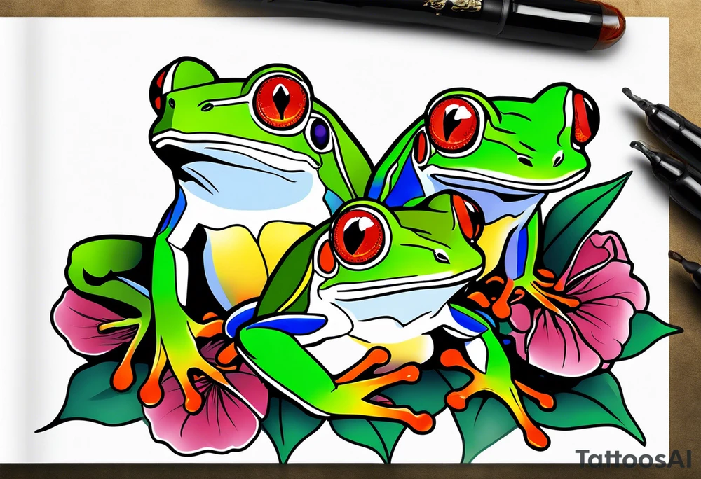 2 Red-eye tree frogs sitting on a flower tattoo idea