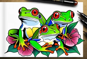 2 Red-eye tree frogs sitting on a flower tattoo idea