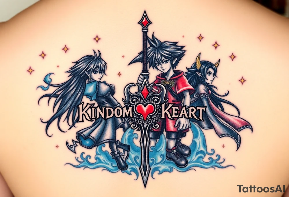 Kingdom Hearts tattoo design featuring from the game, together in a dynamic, united pose. The centerpiece should include the Heartless Keyblade, with a beautiful and ethereal Kingdom Hearts-inspired background—think glowing stars, floating islands, and stained-glass elements in backroung. The design should capture themes of friendship, light vs. darkness, and adventure. Style should be detailed, fantasy-oriented, and suitable for a large piece tattoo idea