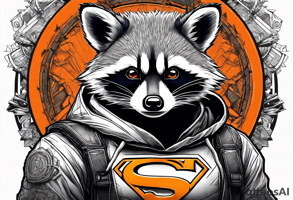 Raccoon wearing an orange Superman hoodie tattoo idea