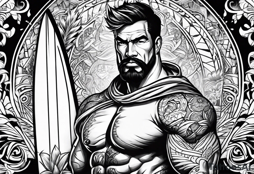 beachbum superhero on a surfboard with tiki guys tattoo idea