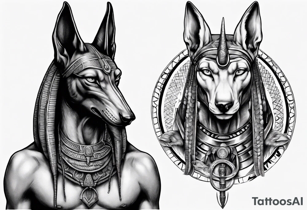 Anubis with scales and snakes tattoo idea