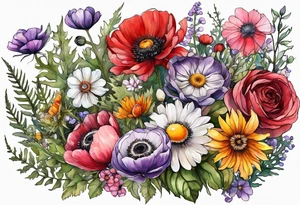 wildflowers with thistles, ferns, ranuculus, white anemones with black center, sun flowers, red flowers, pink flowers, purple flowers, buttercups all in watercolor tattoo idea