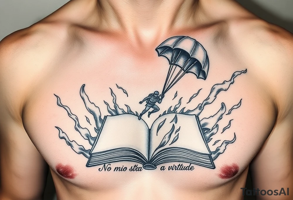 A parachuting soldier landing into an open book. Chaos surrounding, but the book is protecting the soldier from it. On the chest. Make it smaller. Make it thought provoking. "No meio esta a virtude" underneath the book. Make the chaos in the environment be fire tattoo idea
