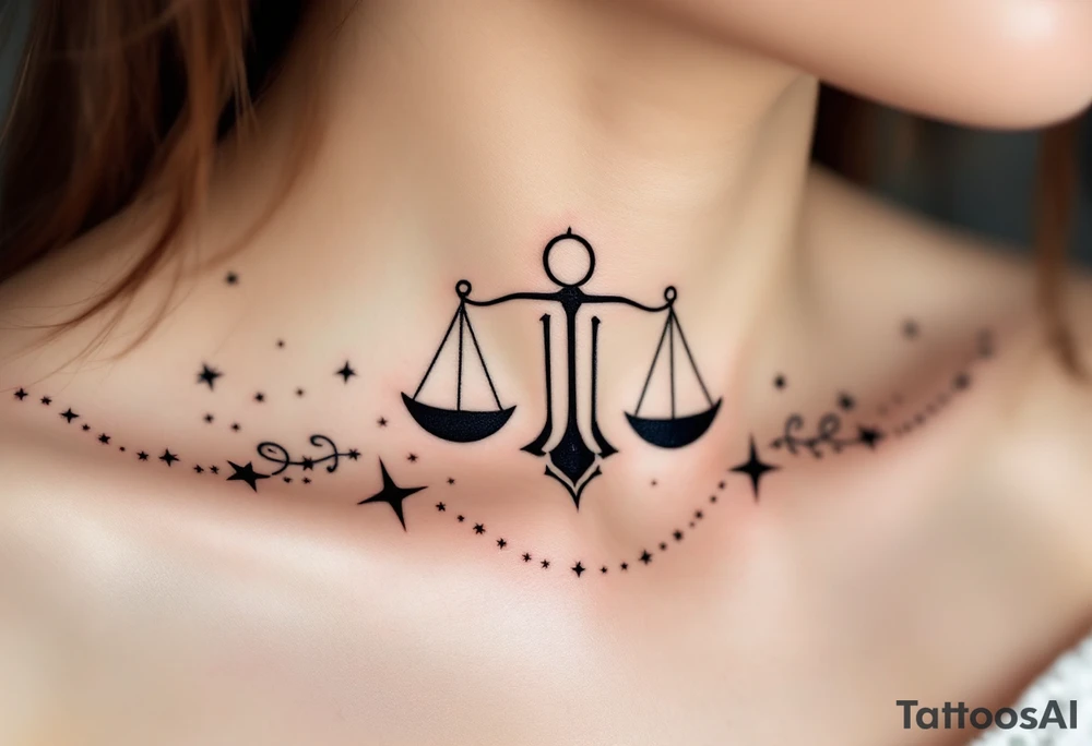 The Libra symbol in bold black anchors a silver-ink star path that arcs along the collarbone. tattoo idea