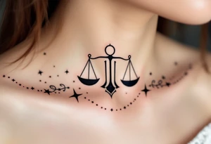 The Libra symbol in bold black anchors a silver-ink star path that arcs along the collarbone. tattoo idea
