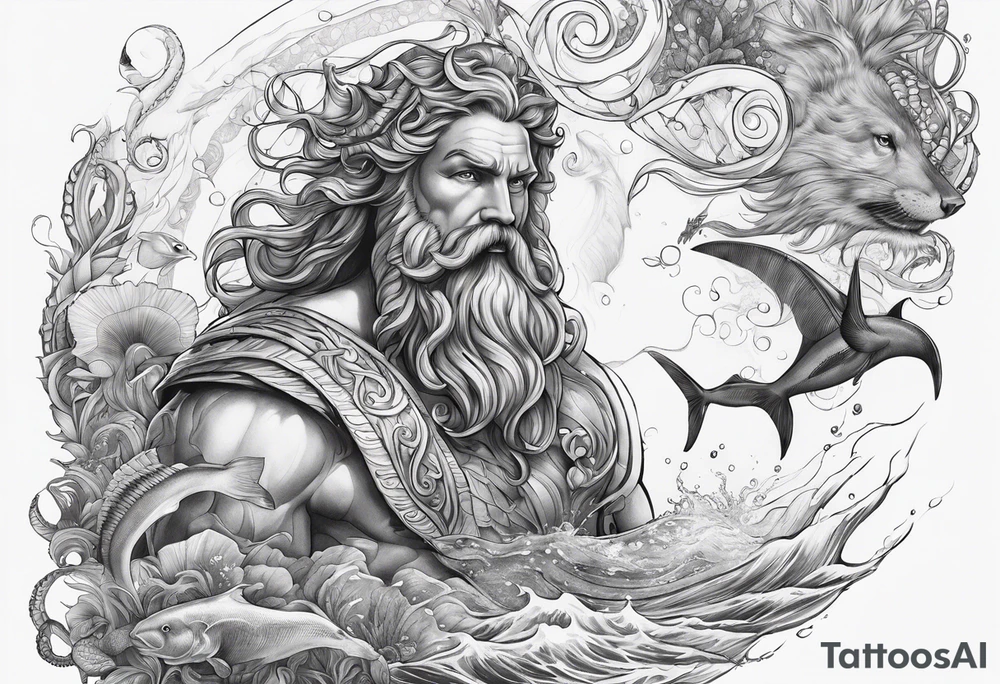 ocean animals with Poseidon tattoo idea