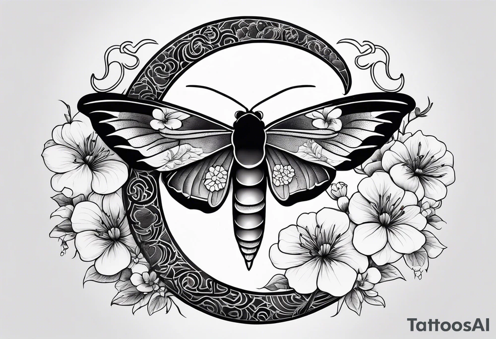 Moth, moon, snake, flowers tattoo idea