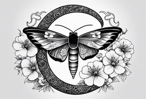 Moth, moon, snake, flowers tattoo idea