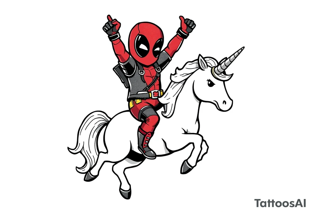 Silly glittery Deadpool riding unicorn with arm in the air tattoo idea