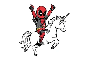 Silly glittery Deadpool riding unicorn with arm in the air tattoo idea