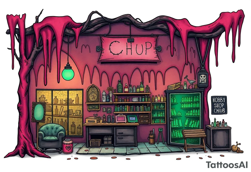 Tim Burton’s hobby shop from outside viewis abandoned and dripping with muted reds, dusty pinks, and eerie green glow. tattoo idea tattoo idea