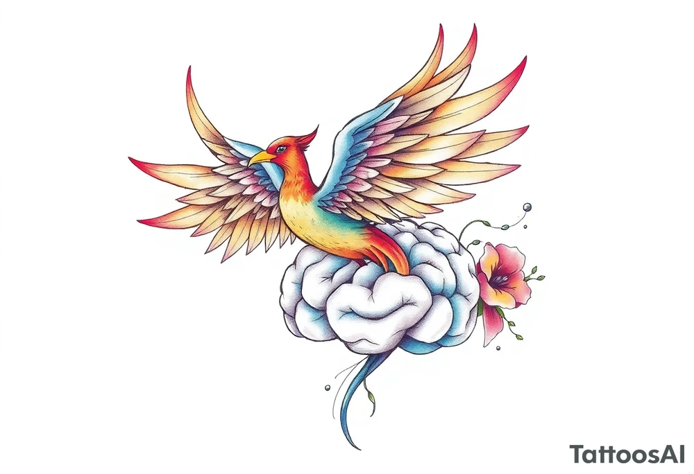 A phoenix flying out of a brain colorful tattoo idea