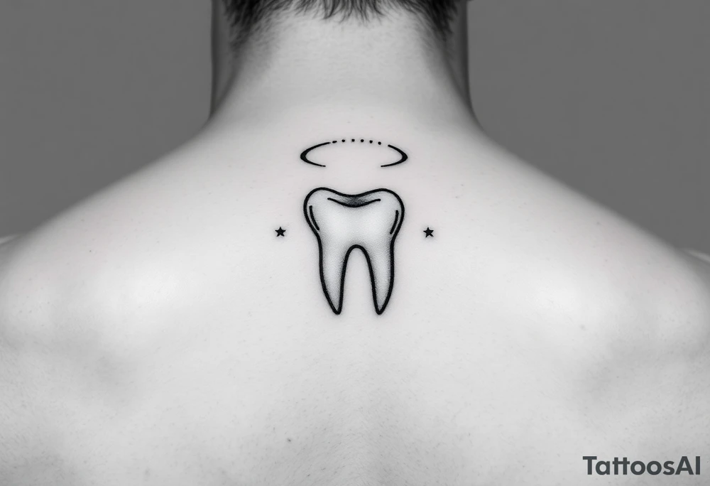 Ultra-minimalist molar tooth with a thin curved line forming a halo above, and two small dots on each side like distant stars, refined and elegant.” tattoo idea