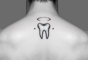 Ultra-minimalist molar tooth with a thin curved line forming a halo above, and two small dots on each side like distant stars, refined and elegant.” tattoo idea