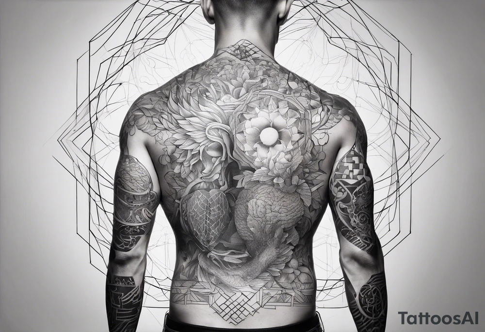 A fineline tattoo for man’s back with a falling down human body and Signs of brain, heart, dna tattoo idea