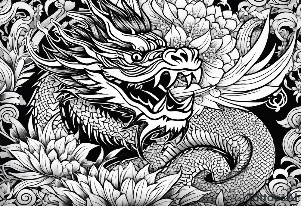 vietnamese patterns, black and white, full back, include a dragon tattoo idea