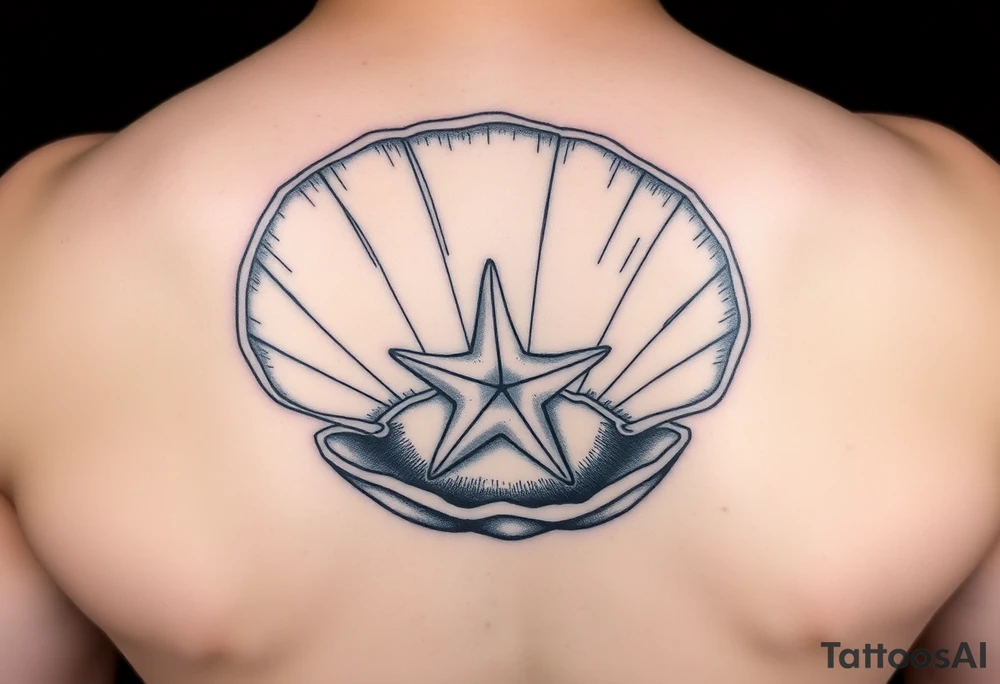 Open clamshell with starfish rendered in the art styles used during World War Two tattoo idea