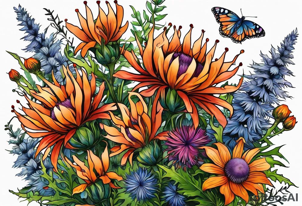 cascading mixed colored wildflowers with thistles, ferns, burnt orange flowers all in color tattoo idea