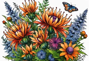 cascading mixed colored wildflowers with thistles, ferns, burnt orange flowers all in color tattoo idea