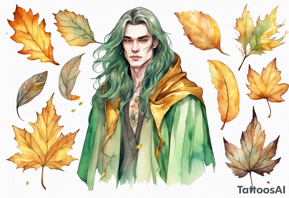 A young handsome man with pale green skin with long hair wearing a gold cloak surrounded by autumn leaves tattoo idea