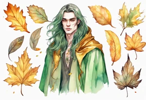 A young handsome man with pale green skin with long hair wearing a gold cloak surrounded by autumn leaves tattoo idea