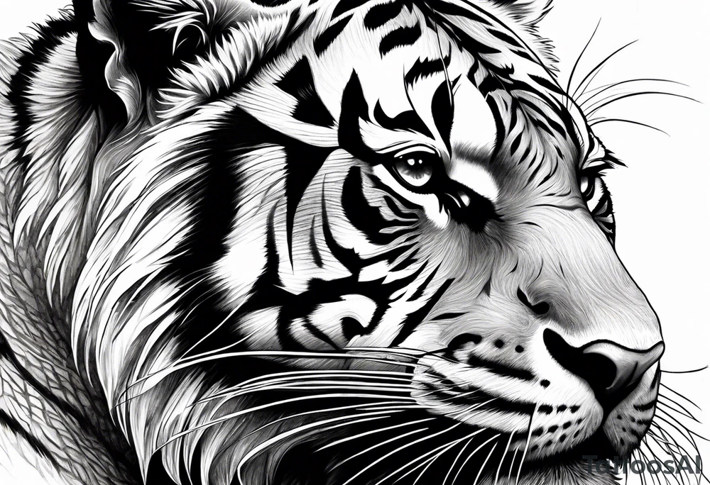 Photo Realism, highly detailed, Fierce tiger roaring tattoo idea