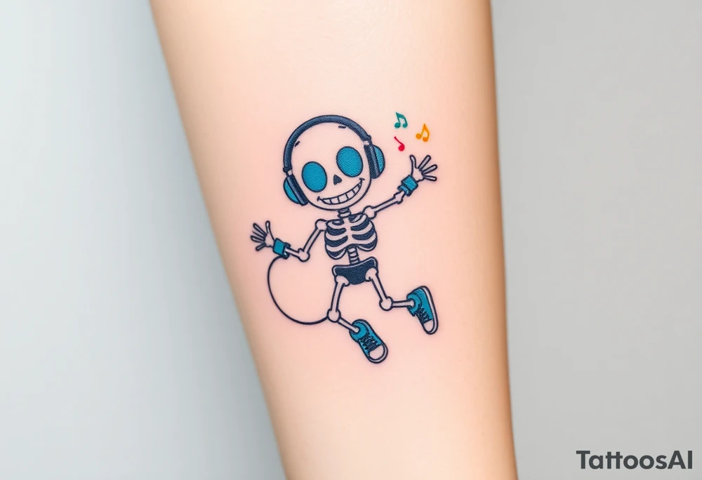 Cute smiley skeleton with love shape in his eyes jumping on a jump rope with blue headphones blue armbands blue sneakers and colorful  music notes around his head tattoo idea