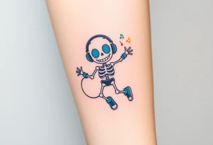 Cute smiley skeleton with love shape in his eyes jumping on a jump rope with blue headphones blue armbands blue sneakers and colorful  music notes around his head tattoo idea