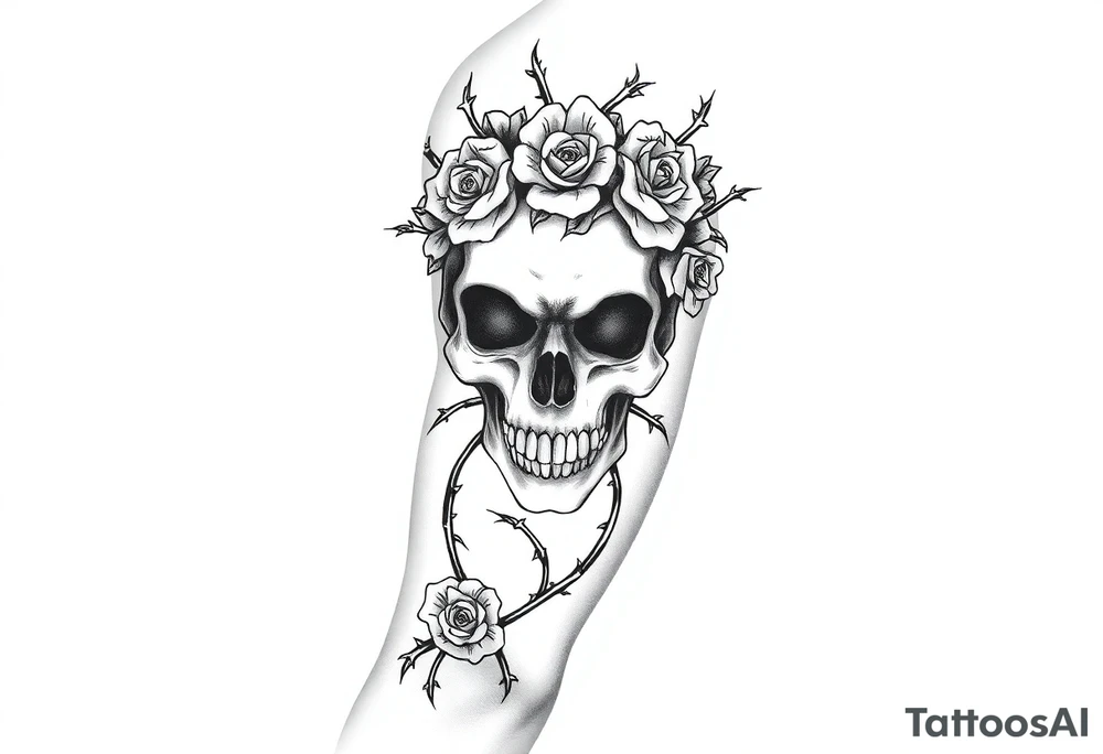 ornate skull adorned with crown of wild roses and thorns tattoo idea