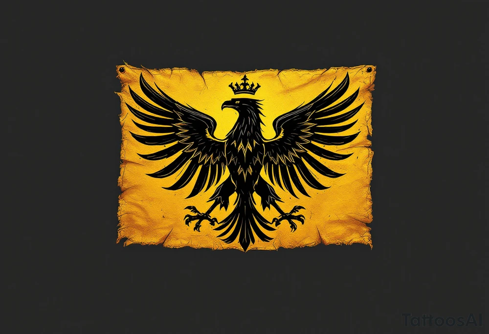 A hand-painted, medieval-style banner with a black Silesian eagle with crown on a golden background, looking like a knight's flag waving in the wind. The edges are torn and aged, giving it a battle-worn effect. tattoo idea