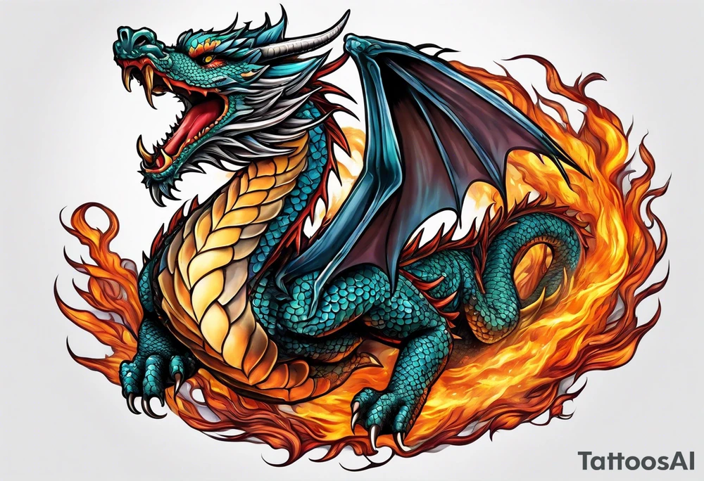 Flying dragon, fire around tattoo idea