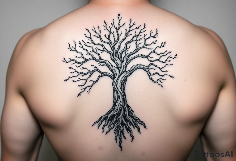 mystical tree of life with cosmic roots and celestial branches tattoo idea