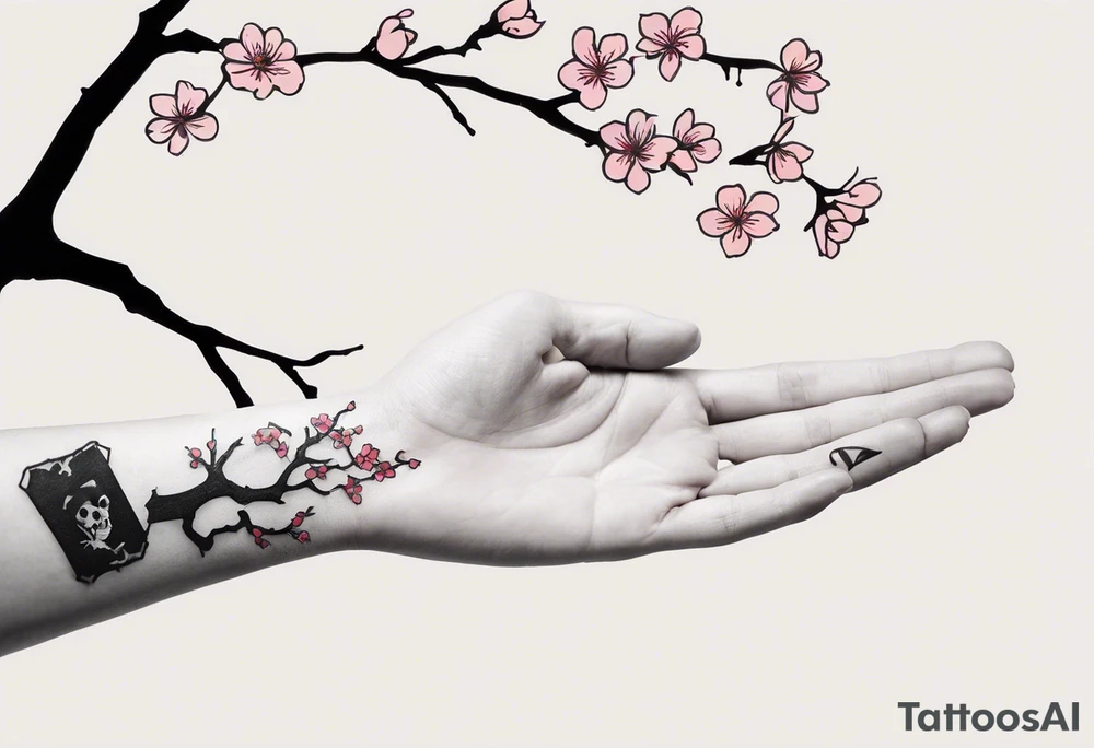 Sure thing! Your tattoo design includes a human hand pointing at a skeleton hand on your left shoulder. The human hand ends 3 cm into the wrist, where you want a cherry blossom branch to sprout out. The branch should travel down to your arm, wrap around your bicep once, then narrow down to fit through a 7 cm gap on your forearm, and finally end in a 10 cm gap on your wrist filled with more blossom flora. This detailed description can help a generative AI artwork understand the design you're envisioning. tattoo idea