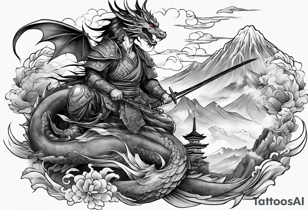 warrior beautiful fairy with a full body holding a sword and a full dragon and the background will be mountains, clouds, and a Japanese building tattoo idea
