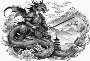 warrior beautiful fairy with a full body holding a sword and a full dragon and the background will be mountains, clouds, and a Japanese building tattoo idea