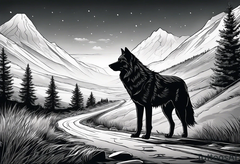 Lone wolf on a path or road. A pack of animals on the opposite end of road. tattoo idea